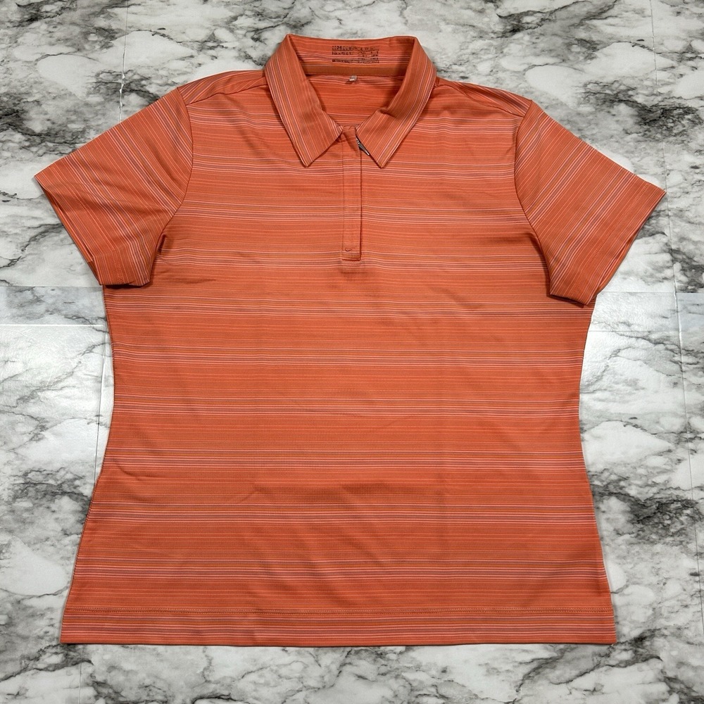 Nike Golf Fit Dri 1/4 Zip Polo Shirt Womens Size L Orange Striped Short Sleeve